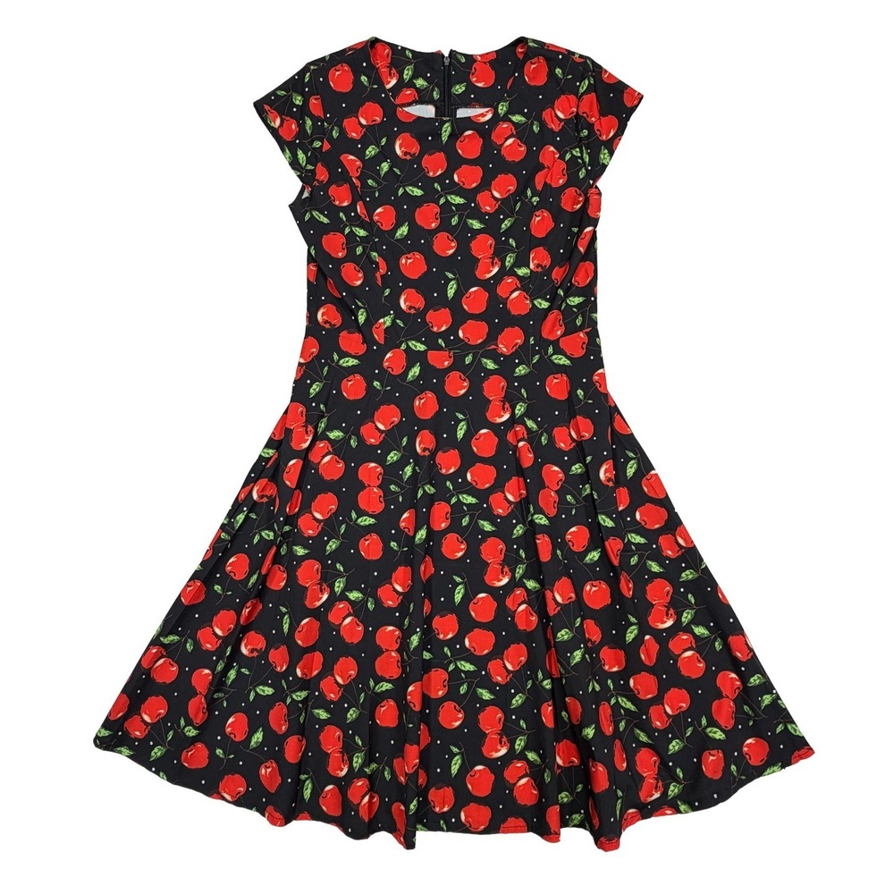 Vintage 1950s Style Tea Small Black Dress Red Cherry Whimsy Flare Circle Skirt